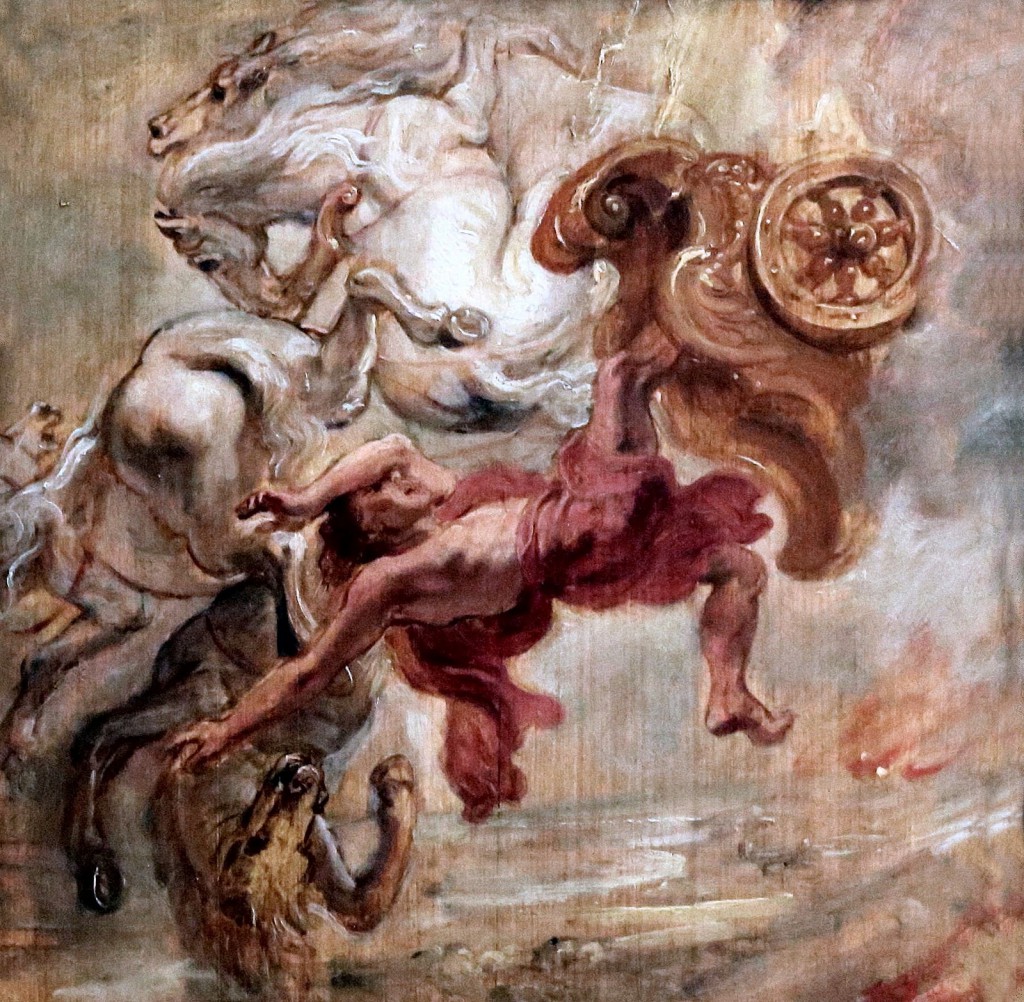 Фитон, од грчката митологија, син на Сонцето (Хелиос), ја позајмува кочијата на татко си која се движи околу Земјата и ги менува денот и ноќта. Не можејќи да ги контролира коњите, тој паѓа многу ниско, создавајќи опасност од пожар. Умира откако е погоден од Зевс, кој интервенира да ја спаси Земјата. Како и митот за Икар, ова е предупредување за амибициите и неискуството на младоста. Слика: Peter Paul Rubens (1577-1640), Падот на Фитон. Фото: jean louis mazieres, 2014