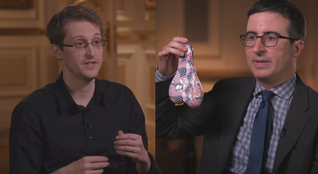Едврард Сноуден и Џон Оливер во текто на интервјуто во шоуто Last Week Tonight. Фото: HBO. Колаж: СПФМ