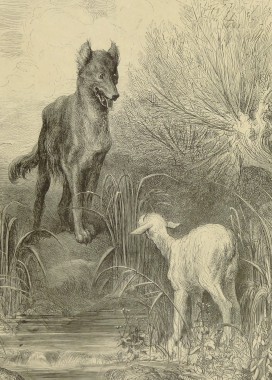 Илустрација на Лафонтеновата басна „Волкот и јагнето“ од Г. Доре (1868). Објавена од Библиотеката Межане (CC BY-SA).