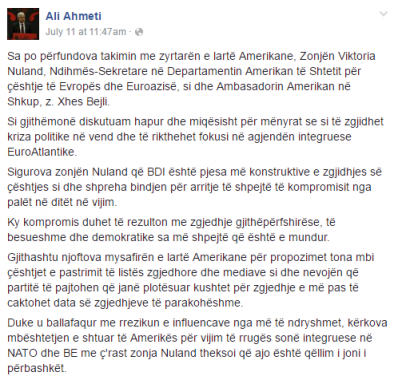 Ali Ahmeti postimi